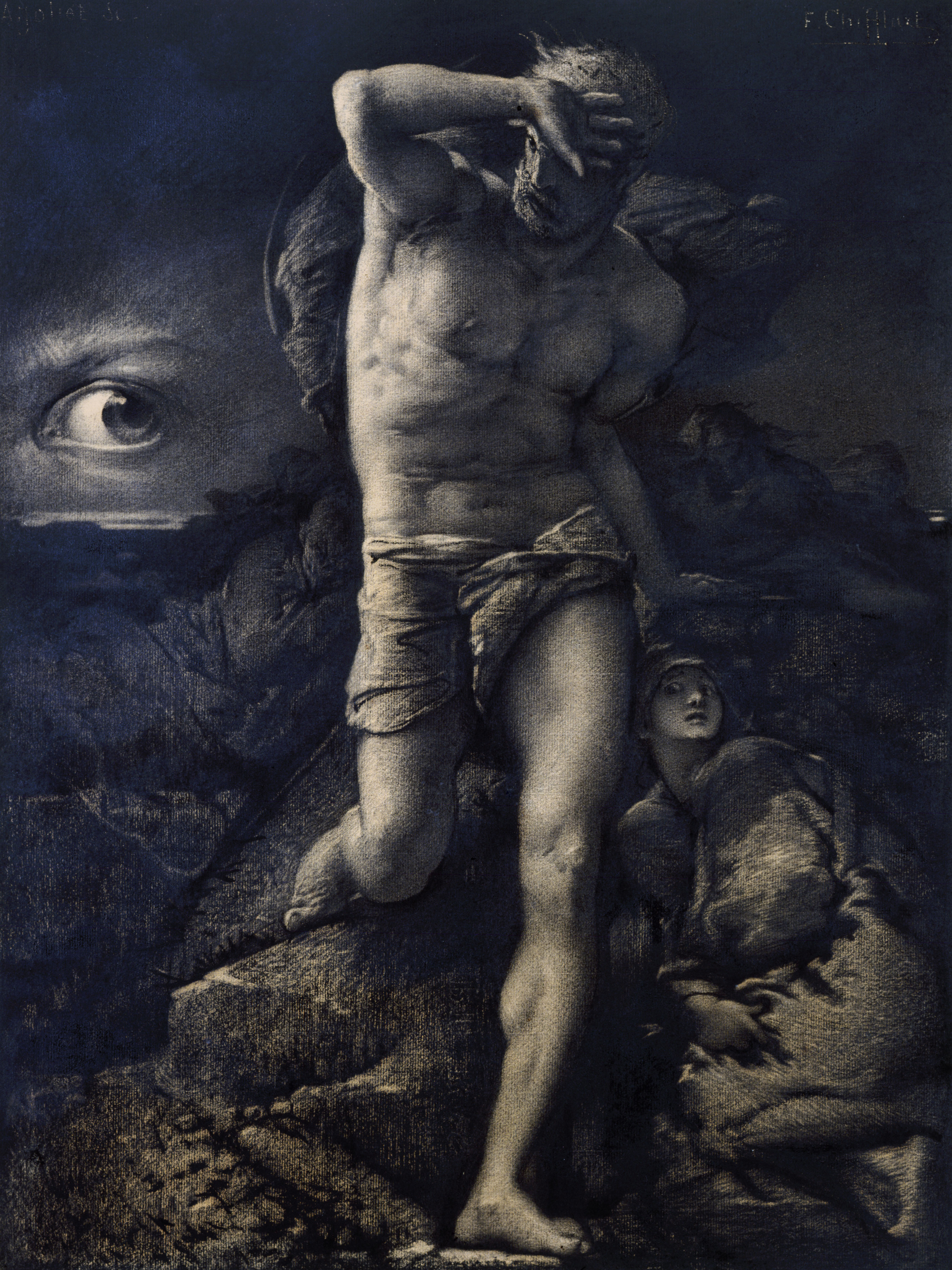 Chez Hugo, le regard s'apparente à la morale. « L’œil était dans la tombe et regardait Caïn. » La conscience Lorsque avec ses enfants vêtus de peaux de bêtes, Echevelé, livide au milieu des tempêtes, Caïn se fut enfui de devant Jéhovah, Comme le soir tombait, l’homme sombre arriva Au bas d’une montagne en une grande plaine ; Sa femme fatiguée et ses fils hors d’haleine Lui dirent : « Couchons-nous sur la terre, et dormons. » Caïn, ne dormant pas, songeait au pied des monts. Ayant levé la tête, au fond des cieux funèbres, Il vit un oeil, tout grand ouvert dans les ténèbres, Et qui le regardait dans l’ombre fixement. « Je suis trop près », dit-il avec un tremblement. Il réveilla ses fils dormant, sa femme lasse, Et se remit à fuir sinistre dans l’espace. Il marcha trente jours, il marcha trente nuits. Il allait, muet, pâle et frémissant aux bruits, Furtif, sans regarder derrière lui, sans trêve, Sans repos, sans sommeil; il atteignit la grève Des mers dans le pays qui fut depuis Assur. « Arrêtons-nous, dit-il, car cet asile est sûr. Restons-y. Nous avons du monde atteint les bornes. » Et, comme il s’asseyait, il vit dans les cieux mornes L’oeil à la même place au fond de l’horizon. Alors il tressaillit en proie au noir frisson. « Cachez-moi ! » cria-t-il; et, le doigt sur la bouche, Tous ses fils regardaient trembler l’aïeul farouche. Caïn dit à Jabel, père de ceux qui vont Sous des tentes de poil dans le désert profond : « Etends de ce côté la toile de la tente. » Et l’on développa la muraille flottante ; Et, quand on l’eut fixée avec des poids de plomb : « Vous ne voyez plus rien ? » dit Tsilla, l’enfant blond, La fille de ses Fils, douce comme l’aurore ; Et Caïn répondit : « je vois cet oeil encore ! » Jubal, père de ceux qui passent dans les bourgs Soufflant dans des clairons et frappant des tambours, Cria : « je saurai bien construire une barrière. » Il fit un mur de bronze et mit Caïn derrière. Et Caïn dit « Cet oeil me regarde toujours ! » Hénoch dit : « Il faut faire une enceinte de tours Si terrible, que